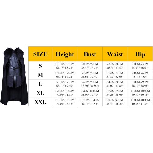  할로윈 용품ALIZIWAY Jon Snow Cosplay Costume with Coat Black Cape Cloak Halloween Knights Watch Outfit for Men