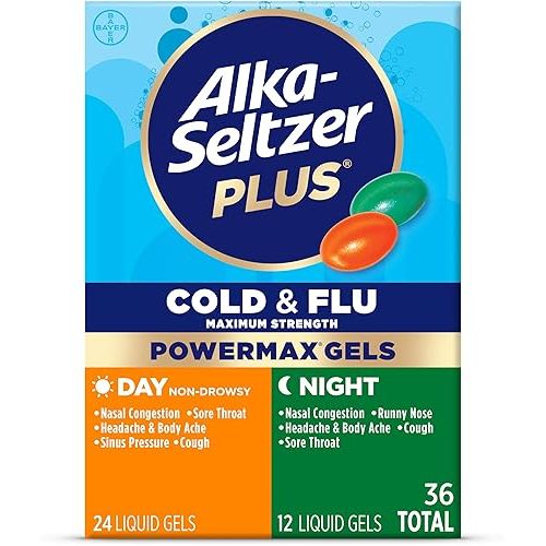  Alka-Seltzer Plus Power Max Cold & Flu Day+Night Medicine: Cough Suppressant, Cold and Flu Medicine For Adults and Children 12 Years and Older, 36 Count, Packaging May Vary