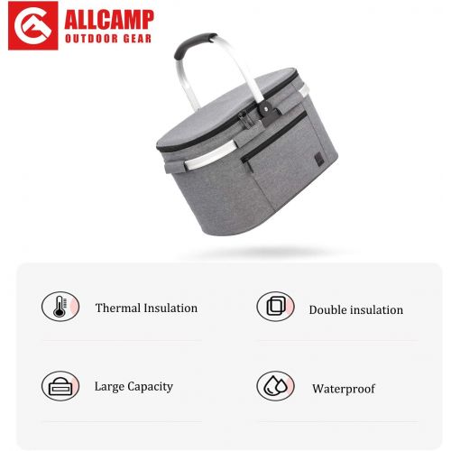  ALLCAMP OUTDOOR GEAR ALLCAMP Large Size Picnic Basket Cooler portable Collapsible 22L Insulated Cooler Bag with Sewn in Frame (Gray)