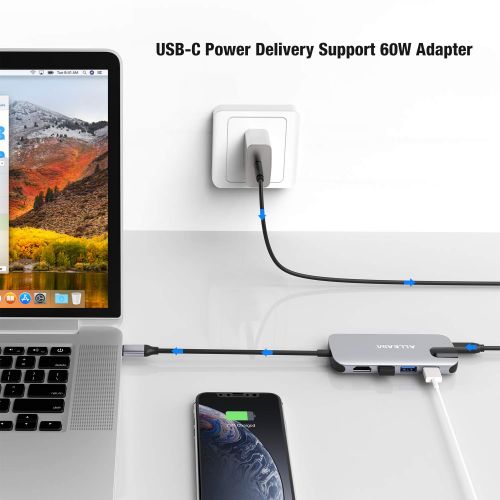  USB C Hub, USB C HDMI Adapter for MacBook Pro/Air 2018, ALLEASA 8 in 1 Type C Thunderbolt 3 Dongle Hub with Ethernet, USB C Power Delivery, 3 USB 3.0 Ports, SD TF Card Reader for U