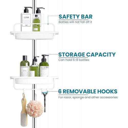  ALLZONE Constant Tension Corner Shower Caddy, Stainless Steel Pole, Rustproof, Strong and Sturdy, White, 56-114 Inches