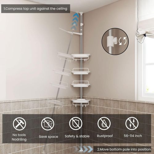  ALLZONE Constant Tension Corner Shower Caddy, Stainless Steel Pole, Rustproof, Strong and Sturdy, White, 56-114 Inches