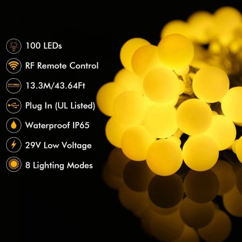  [아마존핫딜][아마존 핫딜] ALOVECO 44ft 100 LED Globe String Lights, 8 Dimmable Lighting Modes with Remote & Timer, UL Listed 29V Low voltage Waterproof Decorative Lights for Bedroom, Patio, Garden, Party(Wa
