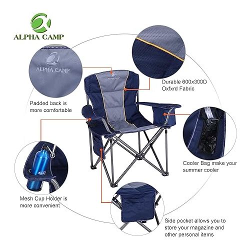  ALPHA CAMP Oversized Camping Folding Chair Heavy Duty with Cooler Bag Support 450 LBS Steel Frame Collapsible Padded Arm Quad Lumbar Back Chair Portable for Lawn Outdoor,Blue,1PC