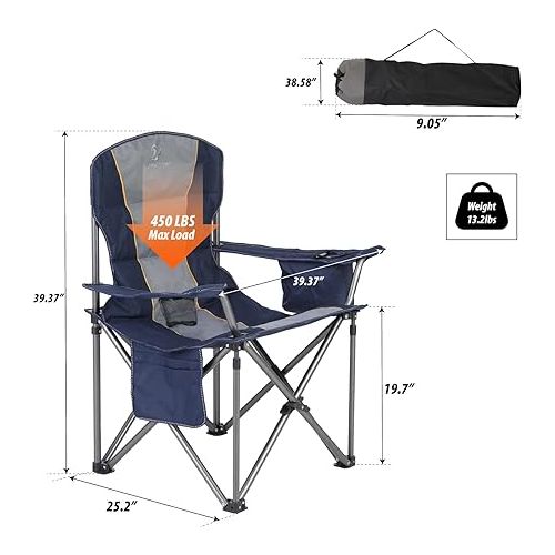 ALPHA CAMP Oversized Folding Camping Chair, Heavy Duty Portable Lawn Chairs with Cooler Bag, Side Pocket & Cup Holder, Folding Chairs for Outside Support 450 LBS