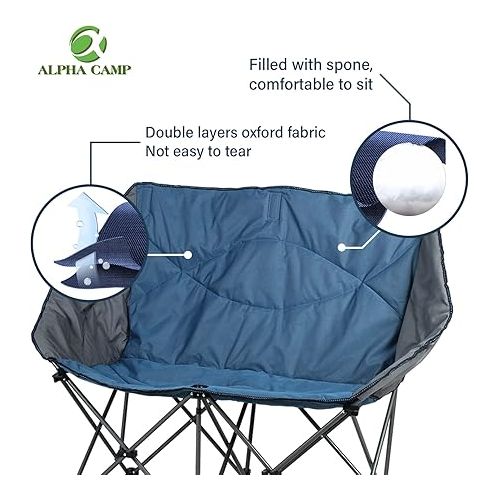  ALPHA CAMP Oversized Camping Chair Double Folding Chair Heavy Duty Loveseat Camp Chair 2 Person Support 450 LBS for Adults Outdoor