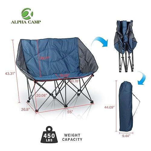  ALPHA CAMP Oversized Camping Chair Double Folding Chair Heavy Duty Loveseat Camp Chair 2 Person Support 450 LBS for Adults Outdoor