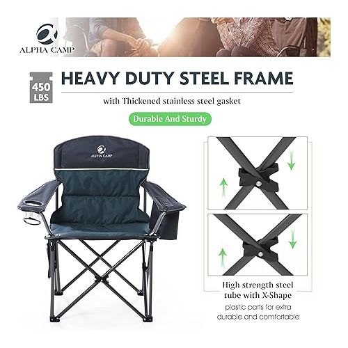  ALPHA CAMP Oversized Heavy Duty Lawn Chair with Cooler Bag Support 450 LBS Steel Frame Camping Folding Collapsible Padded Quad Lumbar Back Arm Chair for Outdoor, Portable, Green