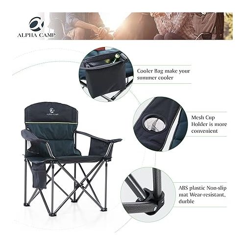  ALPHA CAMP Oversized Heavy Duty Lawn Chair with Cooler Bag Support 450 LBS Steel Frame Camping Folding Collapsible Padded Quad Lumbar Back Arm Chair for Outdoor, Portable, Green