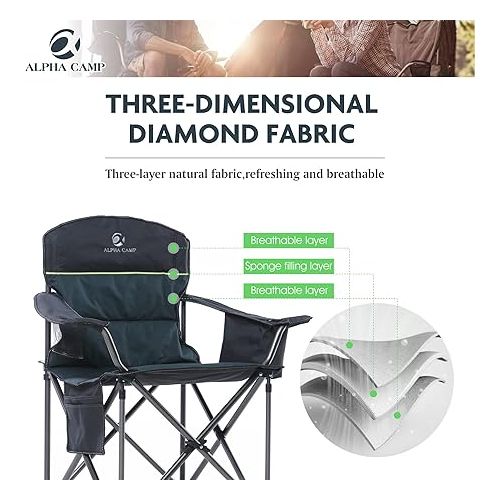  ALPHA CAMP Oversized Heavy Duty Lawn Chair with Cooler Bag Support 450 LBS Steel Frame Camping Folding Collapsible Padded Quad Lumbar Back Arm Chair for Outdoor, Portable, Green