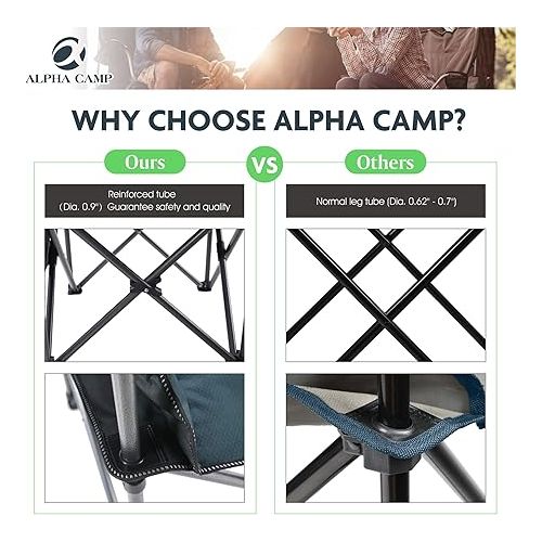  ALPHA CAMP Oversized Heavy Duty Lawn Chair with Cooler Bag Support 450 LBS Steel Frame Camping Folding Collapsible Padded Quad Lumbar Back Arm Chair for Outdoor, Portable, Green