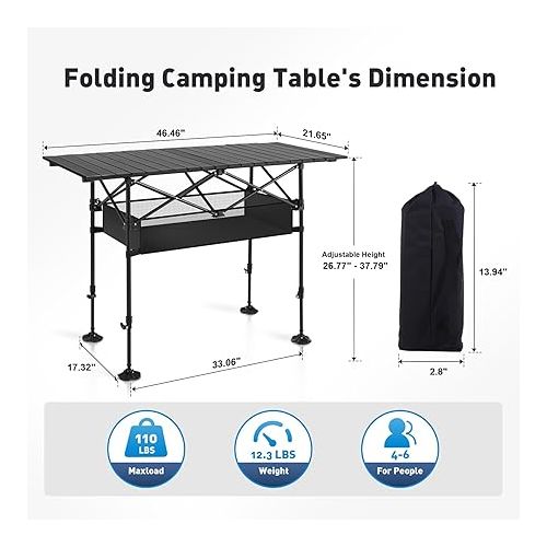  ALPHA CAMP Camping Table Folding Outdoor Table with Adjustable Height, Large Storage Bag and Carrying Bag, Portable Aluminum Table for Indoor & Outdoor Picnic BBQ Backyards Beach