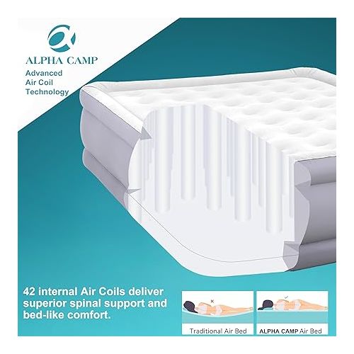  ALPHA CAMP 19” Queen Size Air Mattress with Built-in Pump, Double Height Inflatable Airbed Blow Up Mattress with Soft Plush Top, Airbed for Home Guests Portable Camping Travel