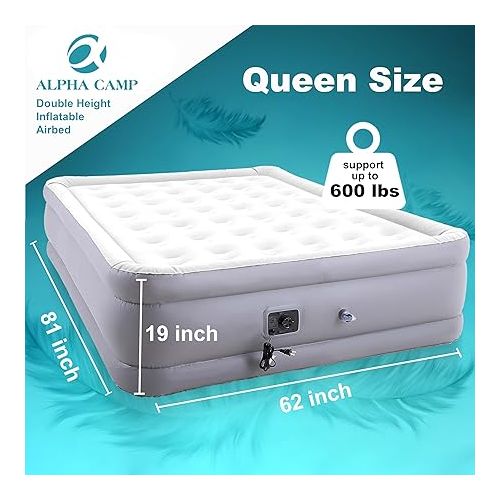  ALPHA CAMP 19” Queen Size Air Mattress with Built-in Pump, Double Height Inflatable Airbed Blow Up Mattress with Soft Plush Top, Airbed for Home Guests Portable Camping Travel