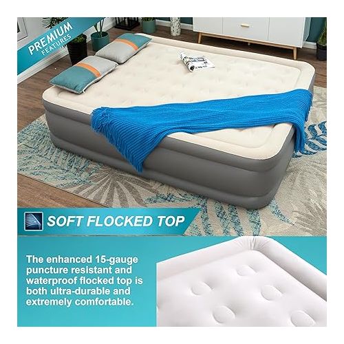  ALPHA CAMP 19” Queen Size Air Mattress with Built-in Pump, Double Height Inflatable Airbed Blow Up Mattress with Soft Plush Top, Airbed for Home Guests Portable Camping Travel