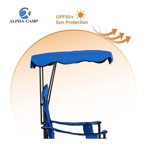  ALPHA CAMP Oversized Camping Chair with Shade Canopy, Folding Lawn Chairs with Cup Holders, Camping Lounge Chair for Hiking Travel Beach Fishing