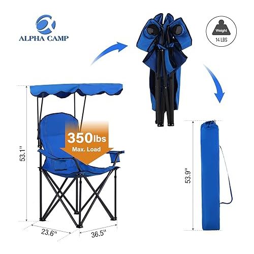  ALPHA CAMP Oversized Camping Chair with Shade Canopy, Folding Lawn Chairs with Cup Holders, Camping Lounge Chair for Hiking Travel Beach Fishing