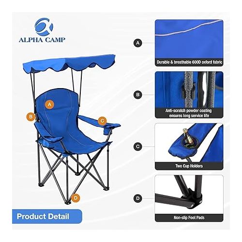  ALPHA CAMP Oversized Camping Chair with Shade Canopy, Folding Lawn Chairs with Cup Holders, Camping Lounge Chair for Hiking Travel Beach Fishing