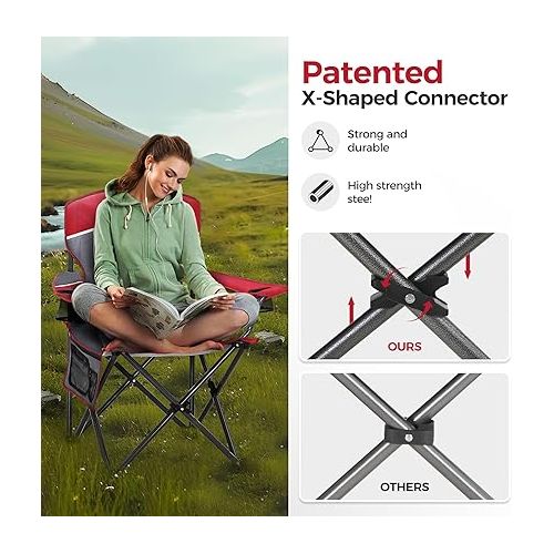  ALPHA CAMP Oversized Mesh Back Camping Folding Chair Heavy Duty Support 350 LBS Collapsible Steel Frame Quad Chair Padded Arm Chair with Cup Holder Portable for Outdoor