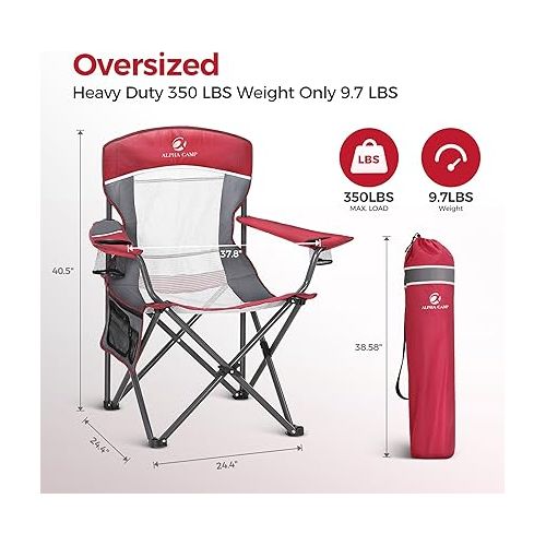  ALPHA CAMP Oversized Mesh Back Camping Folding Chair Heavy Duty Support 350 LBS Collapsible Steel Frame Quad Chair Padded Arm Chair with Cup Holder Portable for Outdoor