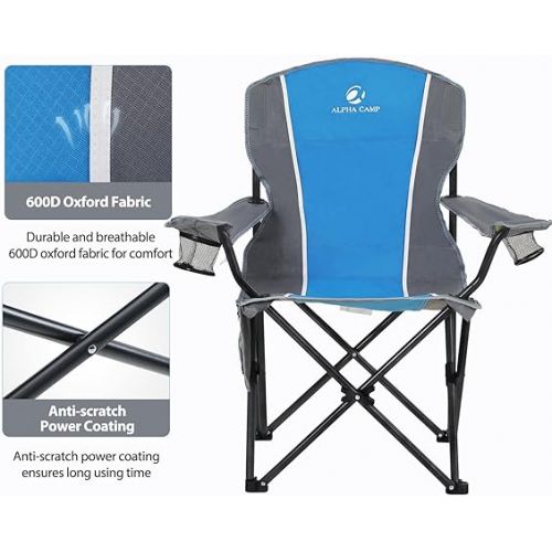  ALPHA CAMP Oversized Camping Chair, Heavy Duty Folding Chairs for Outside Support 350 LBS, Portable Lawn Chairs with Cup Holders Large Side Pocket Back Pocket Padded Armrest for Outdoor Indoor