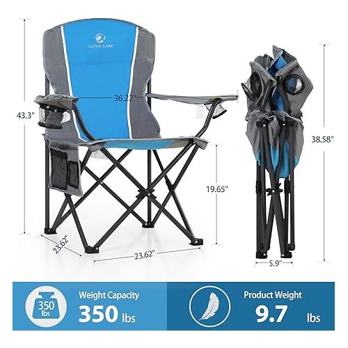  ALPHA CAMP Oversized Camping Chair, Heavy Duty Folding Chairs for Outside Support 350 LBS, Portable Lawn Chairs with Cup Holders Large Side Pocket Back Pocket Padded Armrest for Outdoor Indoor