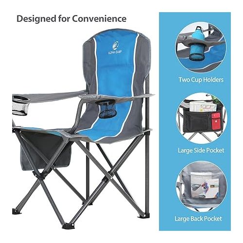  ALPHA CAMP Oversized Camping Chair, Heavy Duty Folding Chairs for Outside Support 350 LBS, Portable Lawn Chairs with Cup Holders Large Side Pocket Back Pocket Padded Armrest for Outdoor Indoor