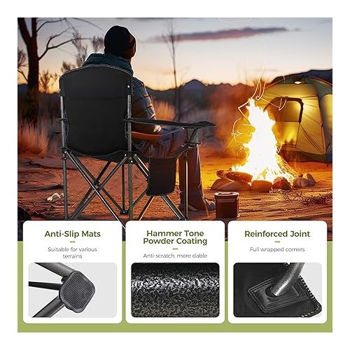  ALPHA CAMP Oversized Camping Folding Chair, Heavy Duty Support 450 LBS Steel Frame Collapsible Padded Arm Chair with Cup Holder Quad Lumbar Back, Portable for Outdoor,Black