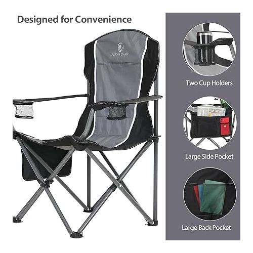  ALPHA CAMP Oversized Folding Camping Chair, Heavy Duty Lawn Chairs for Adults Support 350 LBS, Portable Camp Chairs with Cup Holders Large Side Pocket Back Pocket Padded Armrest for Outdoor Indoor