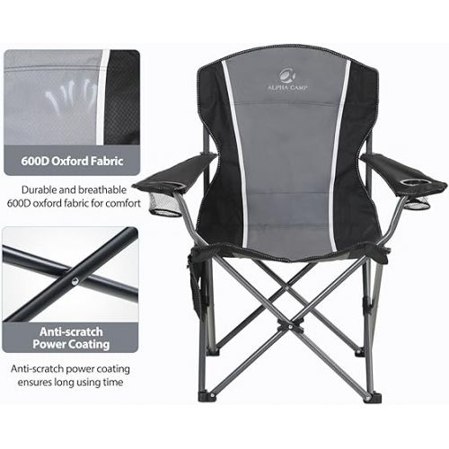  ALPHA CAMP Oversized Folding Camping Chair, Heavy Duty Lawn Chairs for Adults Support 350 LBS, Portable Camp Chairs with Cup Holders Large Side Pocket Back Pocket Padded Armrest for Outdoor Indoor