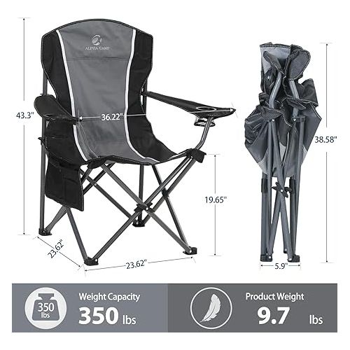  ALPHA CAMP Oversized Folding Camping Chair, Heavy Duty Lawn Chairs for Adults Support 350 LBS, Portable Camp Chairs with Cup Holders Large Side Pocket Back Pocket Padded Armrest for Outdoor Indoor