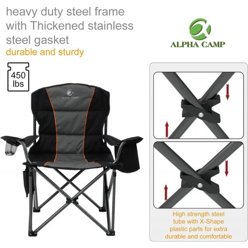  ALPHA CAMP Oversized Camping Folding Chair Heavy Duty Support 450 LBS Oversized Steel Frame Collapsible Padded Arm Chair with Cup Holder Quad Lumbar Back Chair Portable for Outdoor