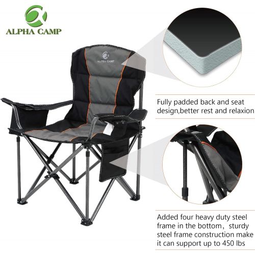  ALPHA CAMP Oversized Camping Folding Chair Heavy Duty Support 450 LBS Oversized Steel Frame Collapsible Padded Arm Chair with Cup Holder Quad Lumbar Back Chair Portable for Outdoor