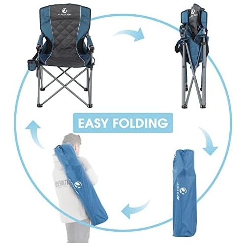  ALPHA CAMP Folding Camping Chair Oversized Heavy Duty Padded Outdoor Chair with Cup Holder Storage and Cooler Bag, 450 LBS Weight Capacity, Thicken 600D Oxford (Black & Blue)