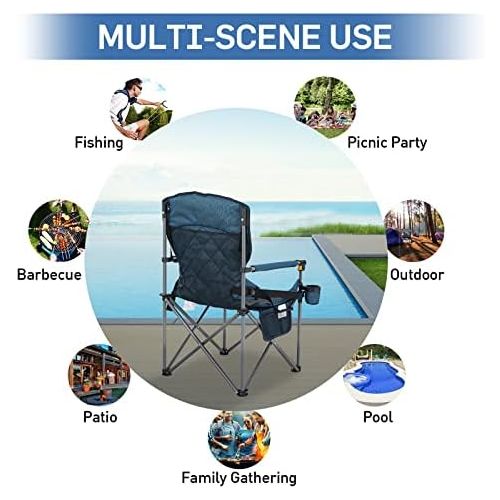 ALPHA CAMP Folding Camping Chair Oversized Heavy Duty Padded Outdoor Chair with Cup Holder Storage and Cooler Bag, 450 LBS Weight Capacity, Thicken 600D Oxford (Black & Blue)