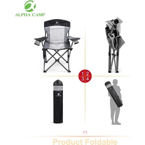  ALPHA CAMP Mesh Back Camping Chair Portable Folding Heavy Duty Outdoor Large Chair Support 330 LBS Durable Large Arm Chair with Cup Holder and Carry Bag for Camp, Fishing, Hiking
