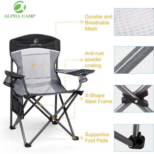  ALPHA CAMP Mesh Back Camping Chair Portable Folding Heavy Duty Outdoor Large Chair Support 330 LBS Durable Large Arm Chair with Cup Holder and Carry Bag for Camp, Fishing, Hiking