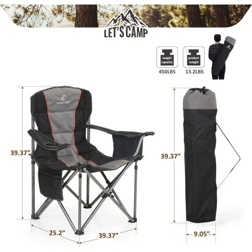  ALPHA CAMP Folding Camping Chair Oversized Heavy Duty Padded Outdoor Chair with Cup Holder Storage and Cooler Bag, 450 LBS Weight Capacity, Thicken 600D Oxford, Black