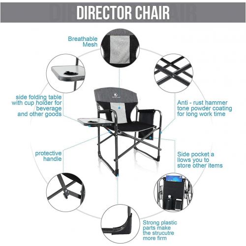  ALPHA CAMP Oversized Camping Director Chair Heavy Duty Frame Collapsible Recliner with Side Table, Supports 300 lbs