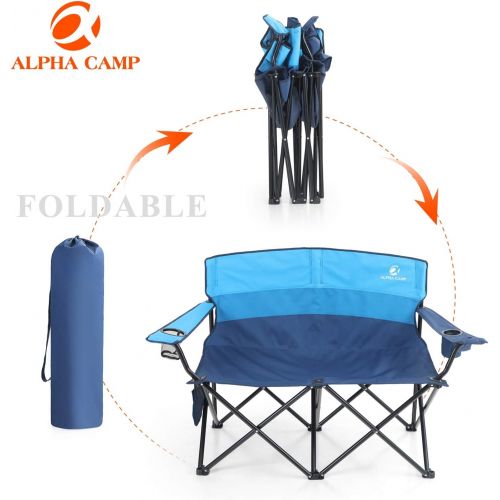  ALPHA CAMP Camping Folding Chair Heavy Duty LoveSeat Support 450 LBS Oversized Steel Frame Collapsible Double Chair with Cup Holder for Outdoor