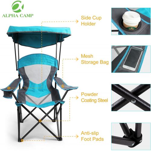  ALPHA CAMP Camp Chair with Shade Canopy Folding Camping Chair with Cup Holder and Carry Bag for Outdoor Camping Hiking Beach, Heavy Duty 300 LBS