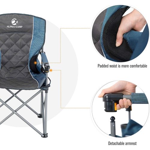  ALPHA CAMP Oversized Camping Folding Chair Padded Hard Arm Chair Heavy Duty Support 450 LBS Oversized Steel Frame Collapsible Lawn Chair with Cup Holder Quad Lumbar Back Chair Port