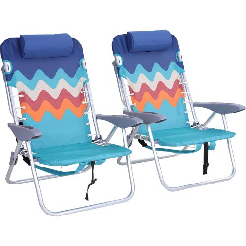  ALPHA CAMP Backpack Beach Chairs Set of 2 with Headrest 4 Position Classic Lay Flat Folding Beach Chair with Backpack Straps Support 250LBS,Blue
