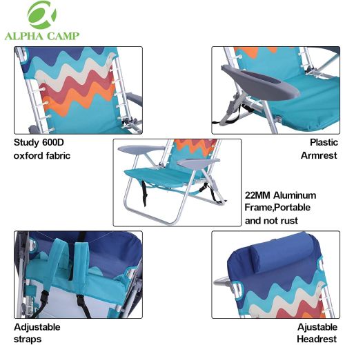  ALPHA CAMP Backpack Beach Chairs Set of 2 with Headrest 4 Position Classic Lay Flat Folding Beach Chair with Backpack Straps Support 250LBS,Blue