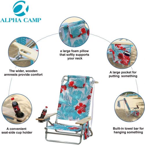  ALPHA CAMP Camping Folding Beach Chair Oversized Heavy Duty Steel Frame Support 250 LBS Collapsible Padded Arm Chair with Cup Holder Quad Lumbar Back Chair Portable for Outdoor/Ind