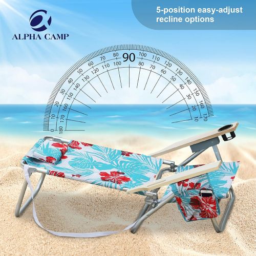  ALPHA CAMP Camping Folding Beach Chair Oversized Heavy Duty Steel Frame Support 250 LBS Collapsible Padded Arm Chair with Cup Holder Quad Lumbar Back Chair Portable for Outdoor/Ind