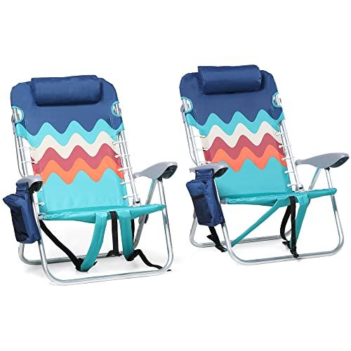  ALPHA CAMP Backpack Beach Chairs Set of 2 with Cooler Bag 4 Position Classic Lay Flat Folding Beach Chair with Backpack Straps Support 250LBS (Sky Blue)