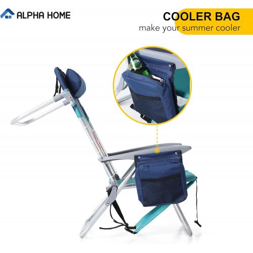  ALPHA CAMP Backpack Beach Chairs Set of 2 with Cooler Bag 4 Position Classic Lay Flat Folding Beach Chair with Backpack Straps Support 250LBS (Sky Blue)