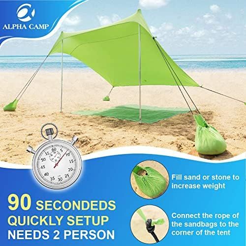  ALPHA CAMP Beach Shade Tent Portable Canopy Sun Shelter with Sandbag Anchors - Family Size 7.6x7.2FT Green