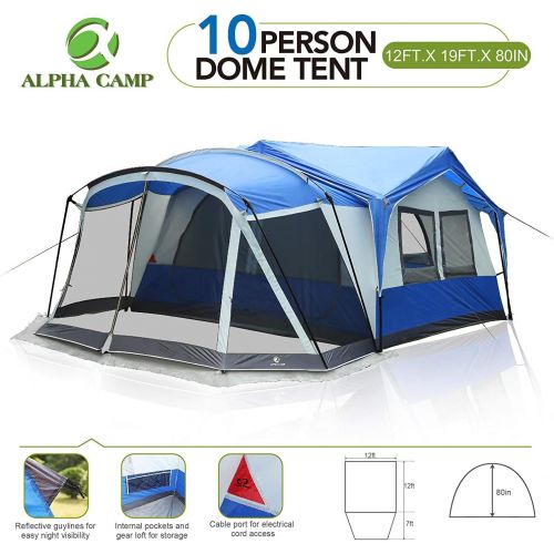  ALPHA CAMP 10-12 Person Family Camping Tent with Screen Room Cabin Tent Design - 19 x 12